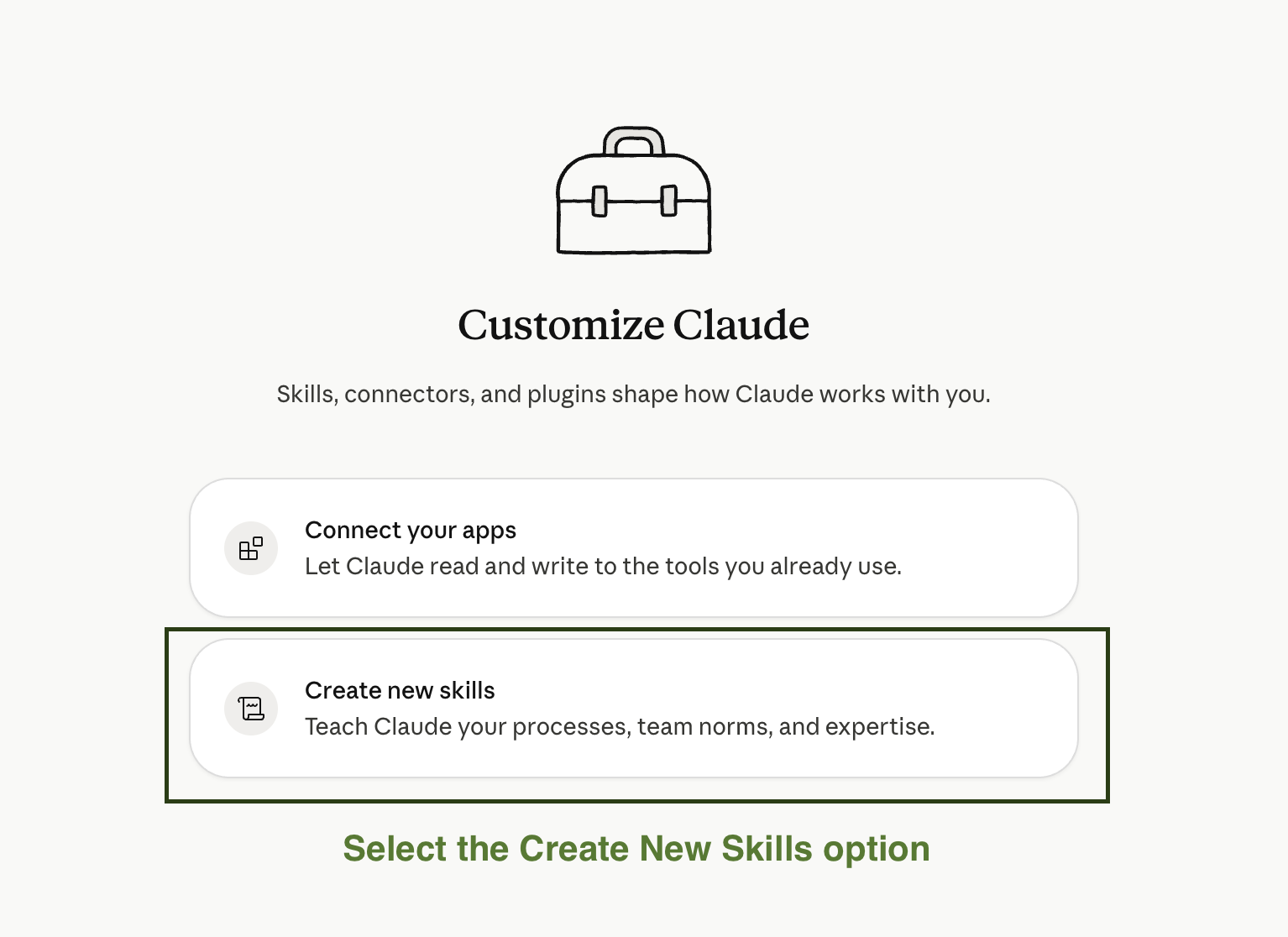 Customize Claude panel with the Create new skills option highlighted