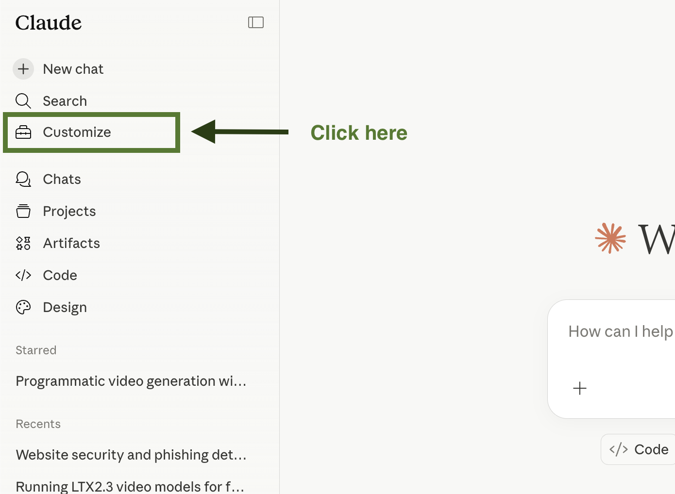 Claude.ai sidebar with the Customize menu item highlighted