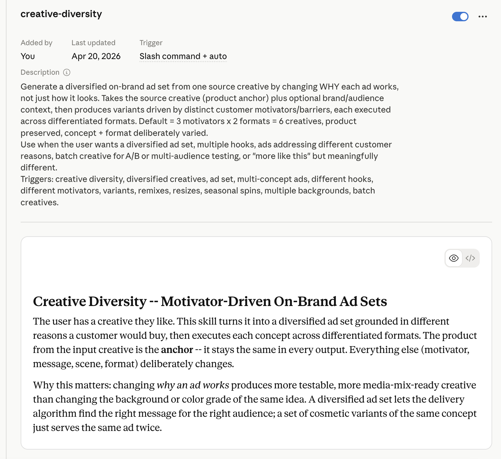 Creative Diversity skill installed in Claude.ai with slash command trigger enabled