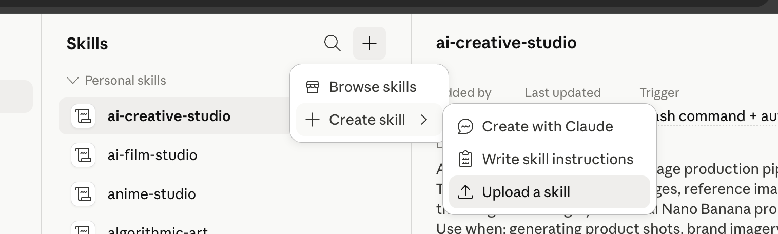 Skills panel with Create skill menu and Upload a skill option visible