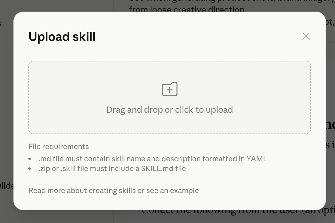 Upload skill dialog with drag-and-drop area